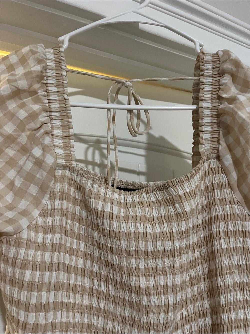 Beige Gingham Smocked Midi Dress - Picture 5 of 5